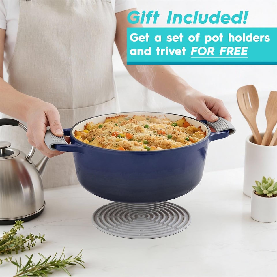 image 1 of Argon Tableware 4.5L Round Cast Iron Casserole Dish with Self-Basting Lid - 4.75QT Dutch Oven Roasting Dish Pot | Blue | Midnight Blue | 2