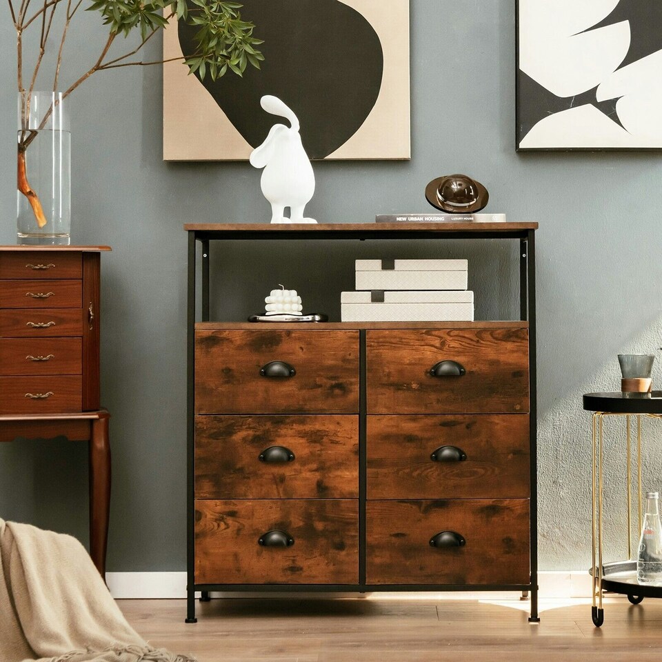 image 1 of COSTWAY 6 Drawers Dresser Organizer 2-Tier Fabric Storage Brown