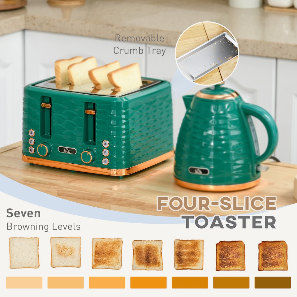 image 1 of HOMCOM Kettle and Toaster Sets, 3000W 1.7L Rapid Boil Kettle & 4 Slice Toaster with 7 Browning Controls, Defrost, Reheat and Crumb Tray, UK Otter thermostat, Green