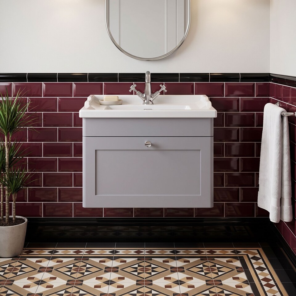 image 1 of Balterley Swynnerton Traditional 1 Drawer Wall Hung Vanity Unit with Basin, Satin Grey, 600mm