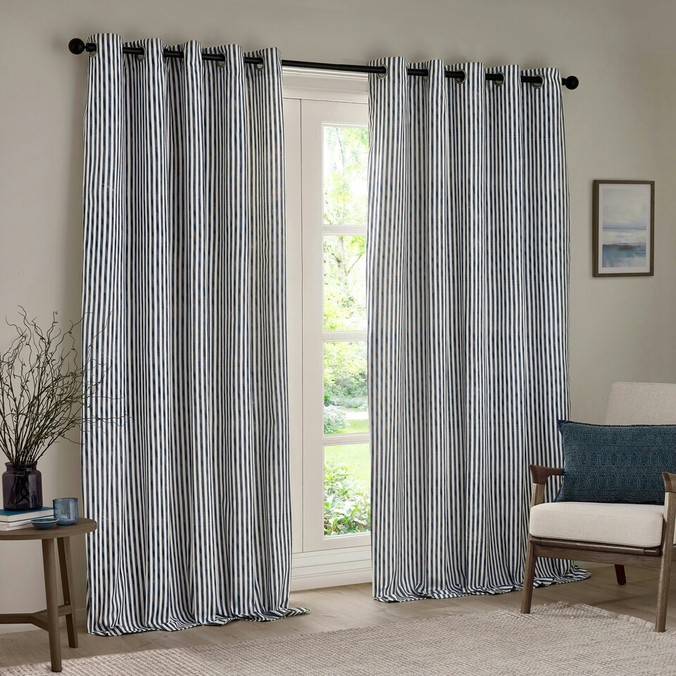 image 1 of Yard Hebden Striped Cotton Navy Eyelet Curtains 117 x 137cm Multi