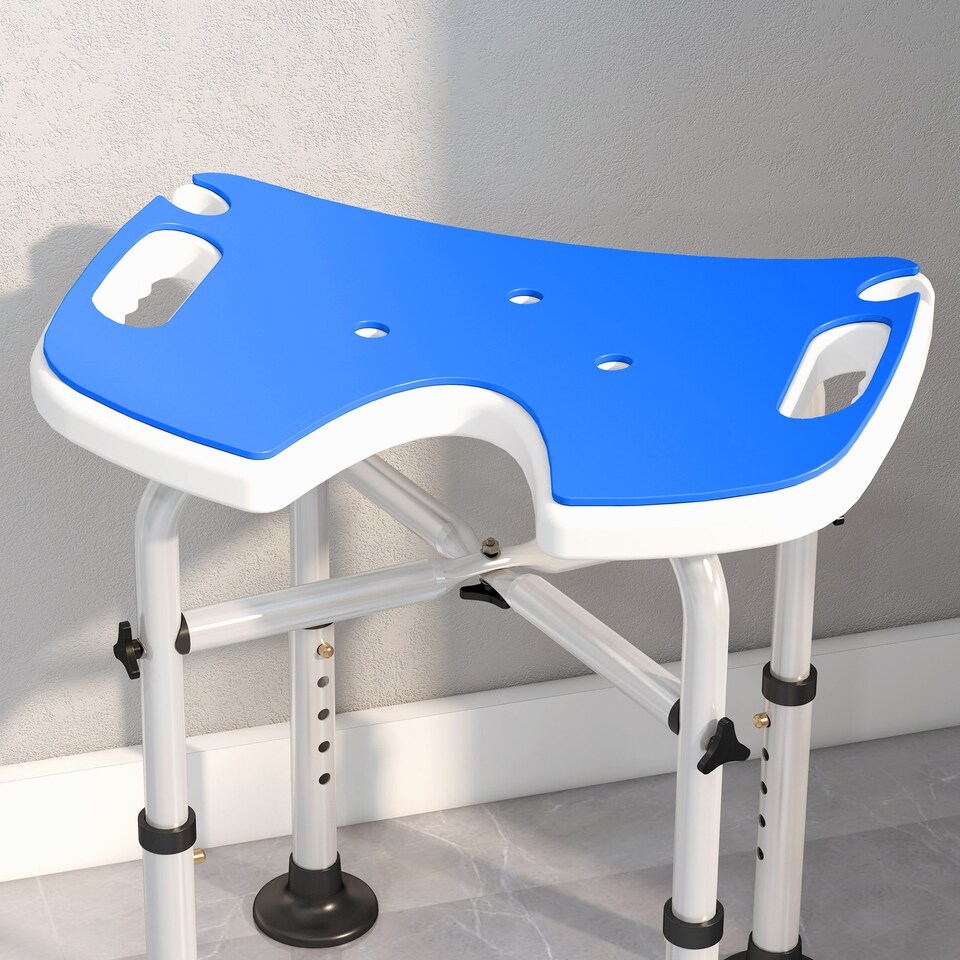 image 1 of HOMCOM Height Adjustable Shower Stool with Suction Grab Rail, Aluminium Shower Chair with U-Shaped Padded Seat, Non-Slip Bath Stool for Elderly, Disabled, Seniors, Pregnant, Dark Blue | Blue