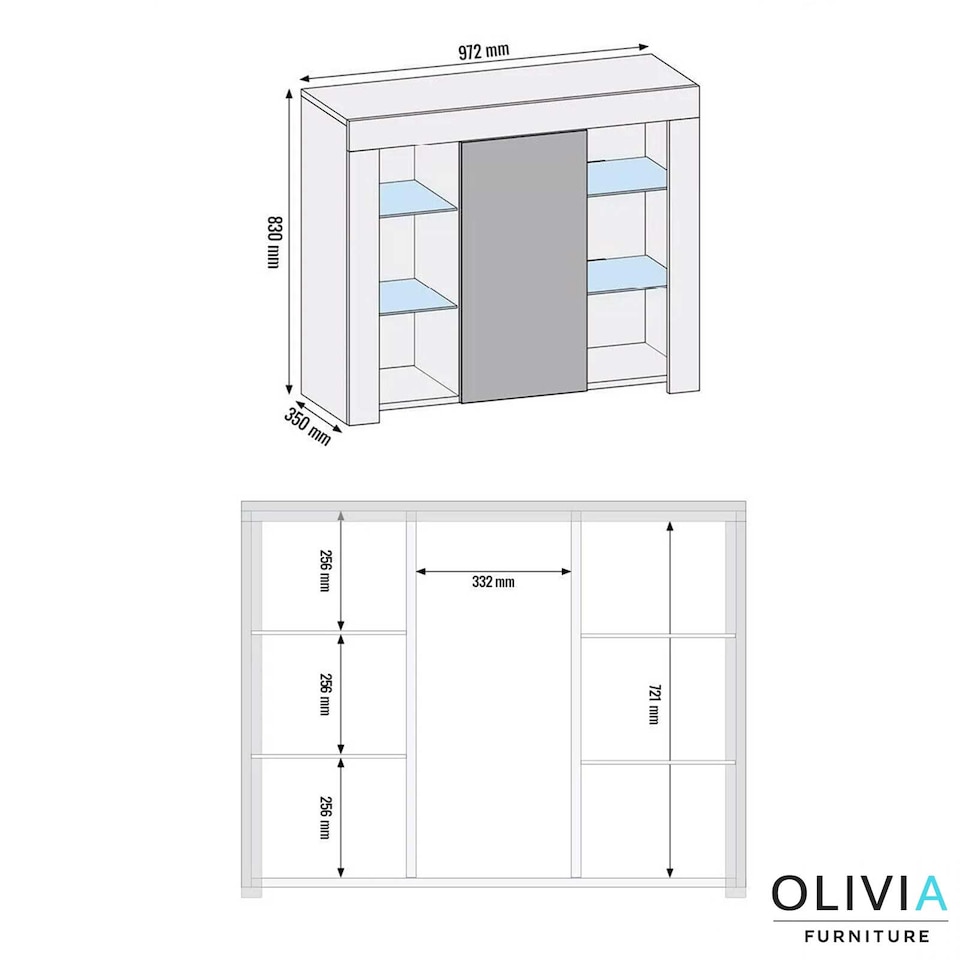 image 1 of Display Cabinet Bookcase Sideboard Storage Cabinet Cupboard Grey High Gloss LED 97.5cm