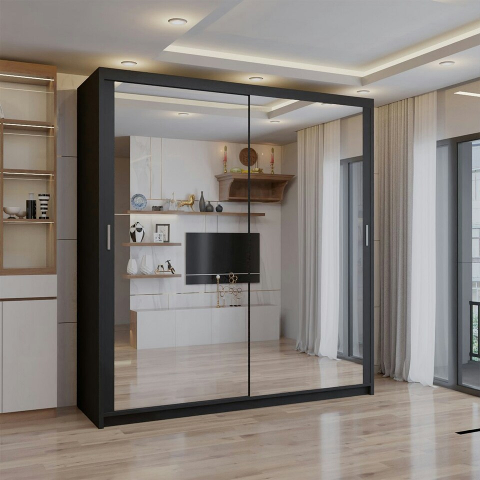 image 1 of Sliding wardrobes 4U Modern Full Mirror Sliding Door Wardrobe Multi Size & Color Options - 100cm Black | 100cm
