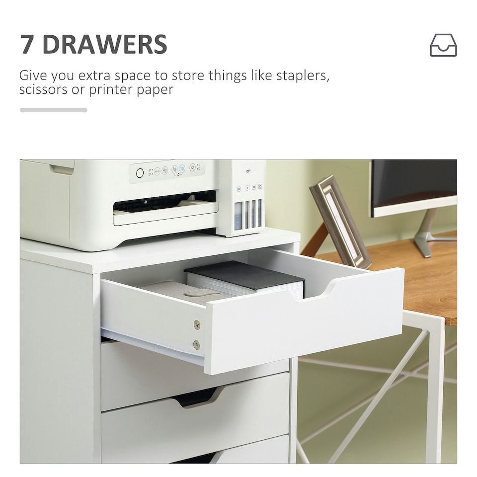 image 1 of Vinsetto Mobile Filing Cabinet, 7-drawer File Cabinet with Wheels, White
