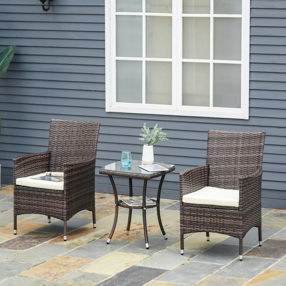 image 1 of Outsunny 2PC Outdoor Rattan Armchair Wicker Dining Chair Set Brown