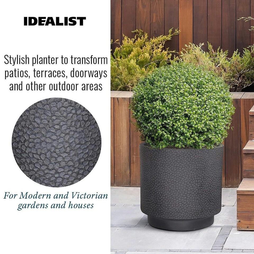 image 1 of Hammered Stone Black Cylinder Planter, Outdoor Plant Pot D36 H36 cm, 30.9 ltrs Cap.