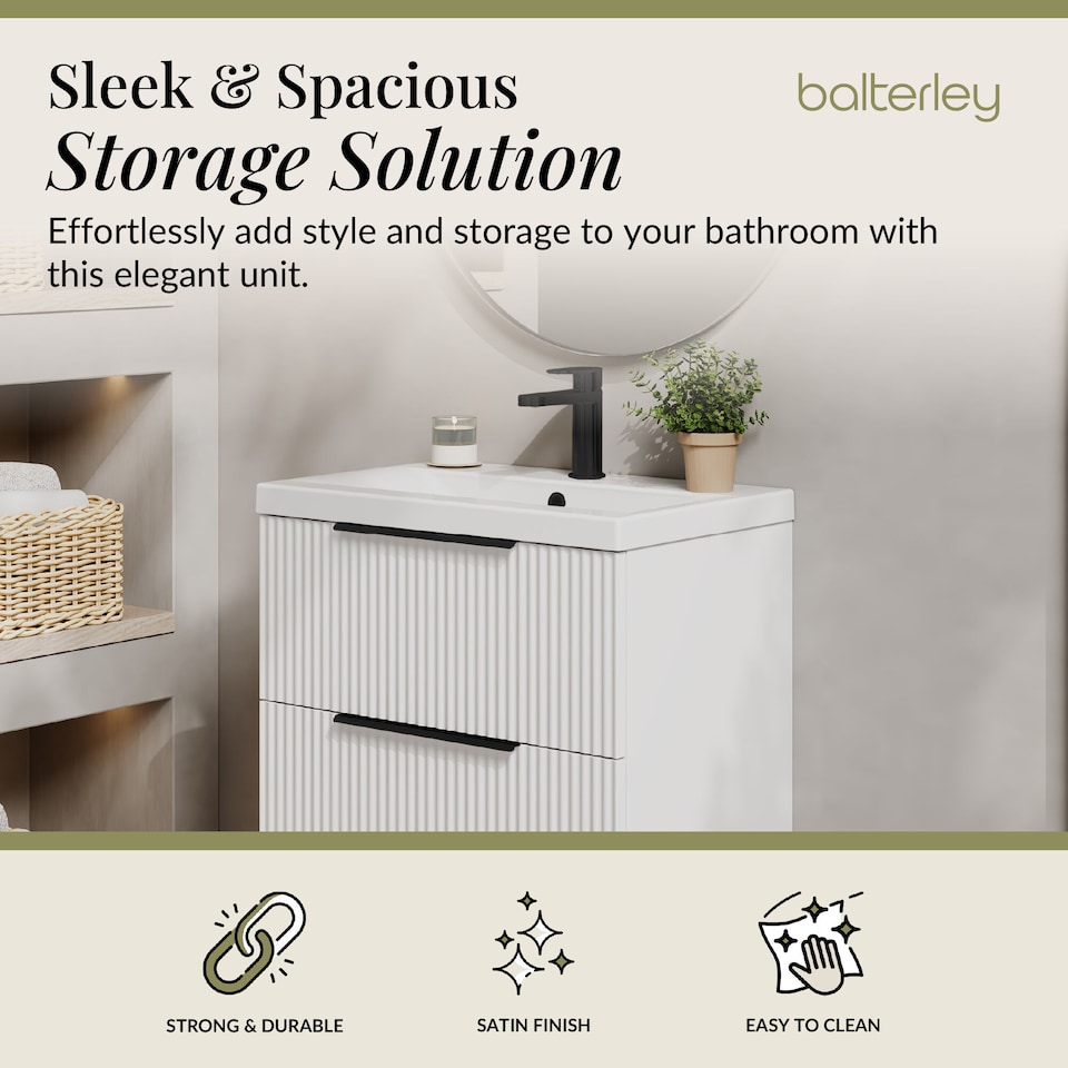 image 1 of Balterley Fluted Front Wall Hung 2-Drawer Bathroom Vanity Unit with 1 Tap Hole Basin, Handles | White | Satin White