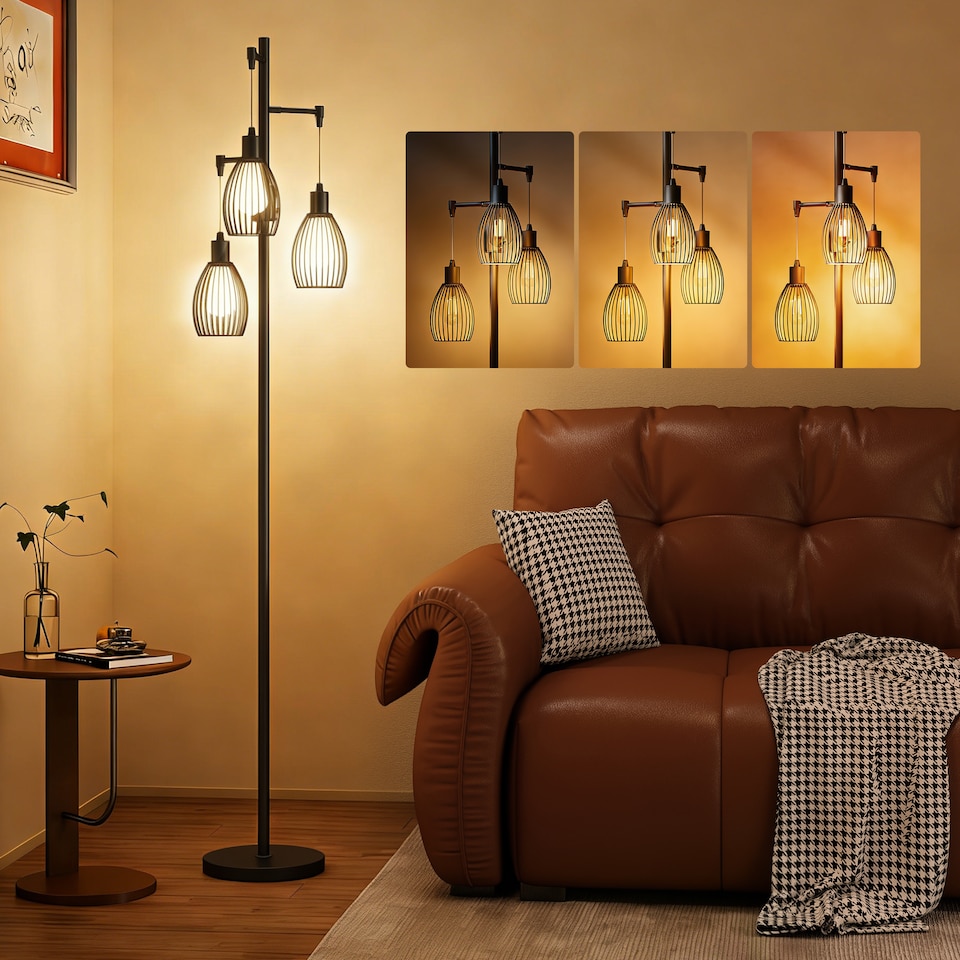 image 1 of HOMCOM 3Light Floor Lamp, 170cm Industrial Dimmable Standing Lamp with Steel Wire Cage Lampshades for Living Room, Bedroom, Dining Room, Study, Bulb Not Included, Black