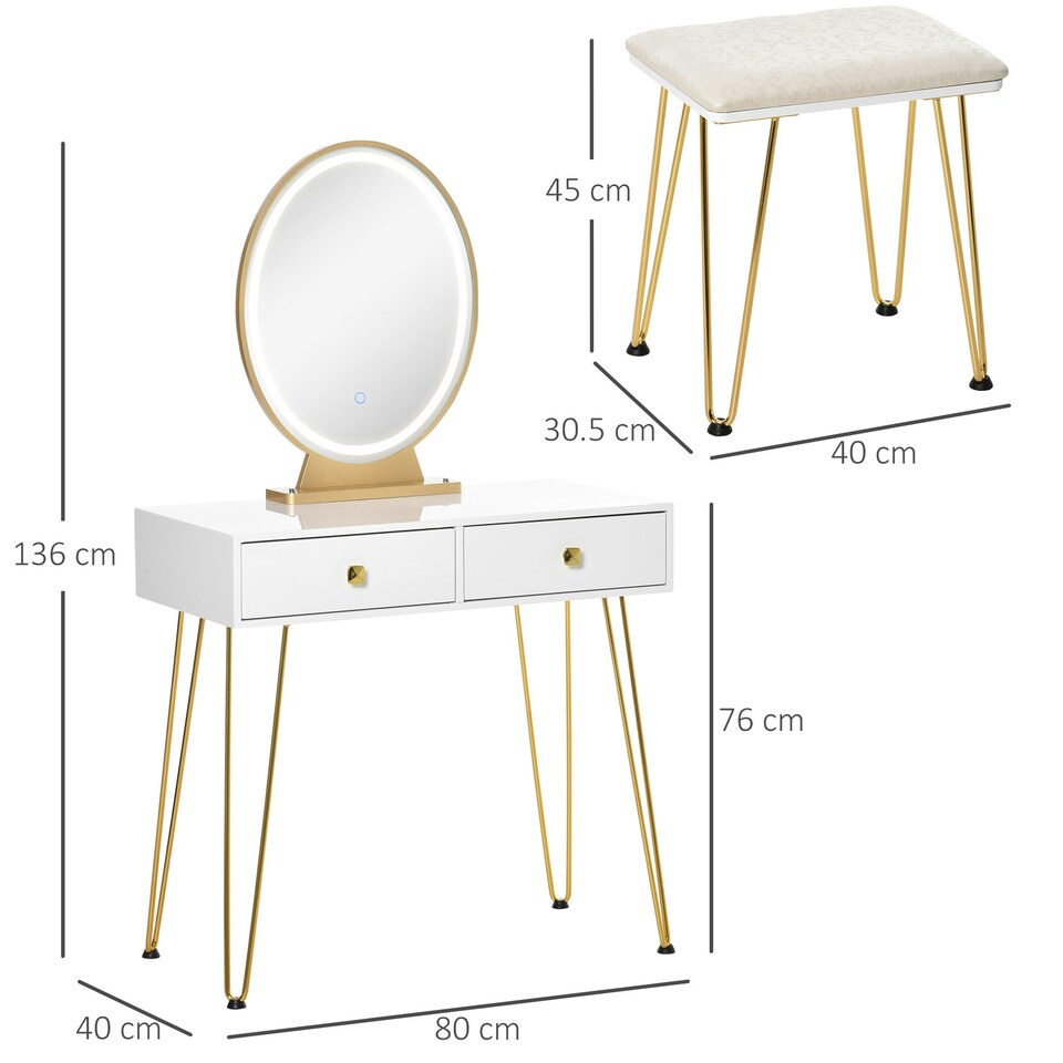 image 1 of HOMCOM Dressing Table Set With LED Mirror & Stool 2 Drawers Makeup Desk