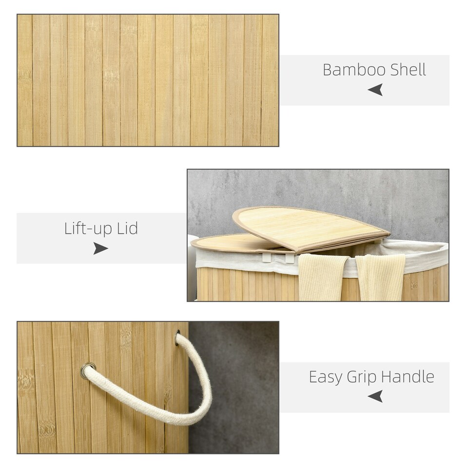 image 1 of HOMCOM 100L Bamboo Laundry Basket w/ 2 Compartments Washing Baskets Natural