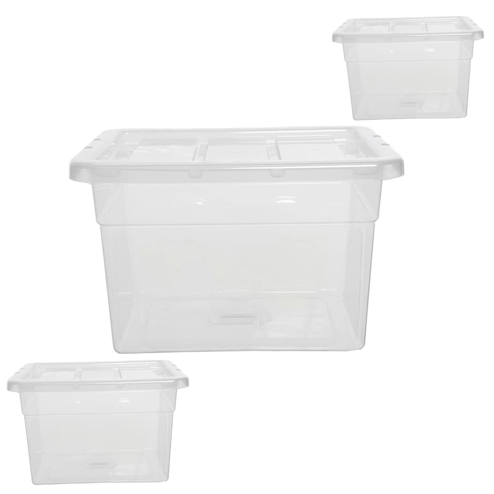 image 1 of 2 x Clear Plastic Stackable Transparent Storage Boxes 64 Litre Complete With Lids Clear