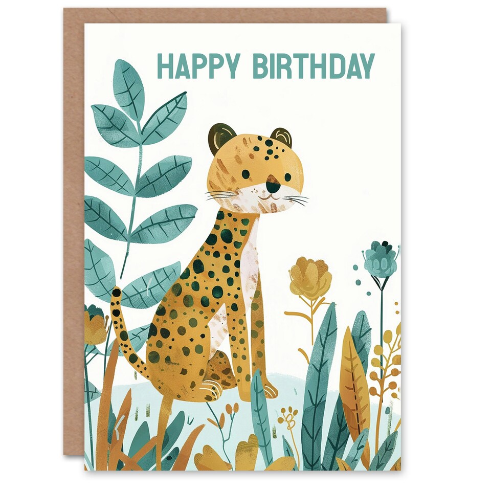 image 1 of Cute Jungle Plants Fun Kids Girl Boy Cheetah Child Kids Birthday Card