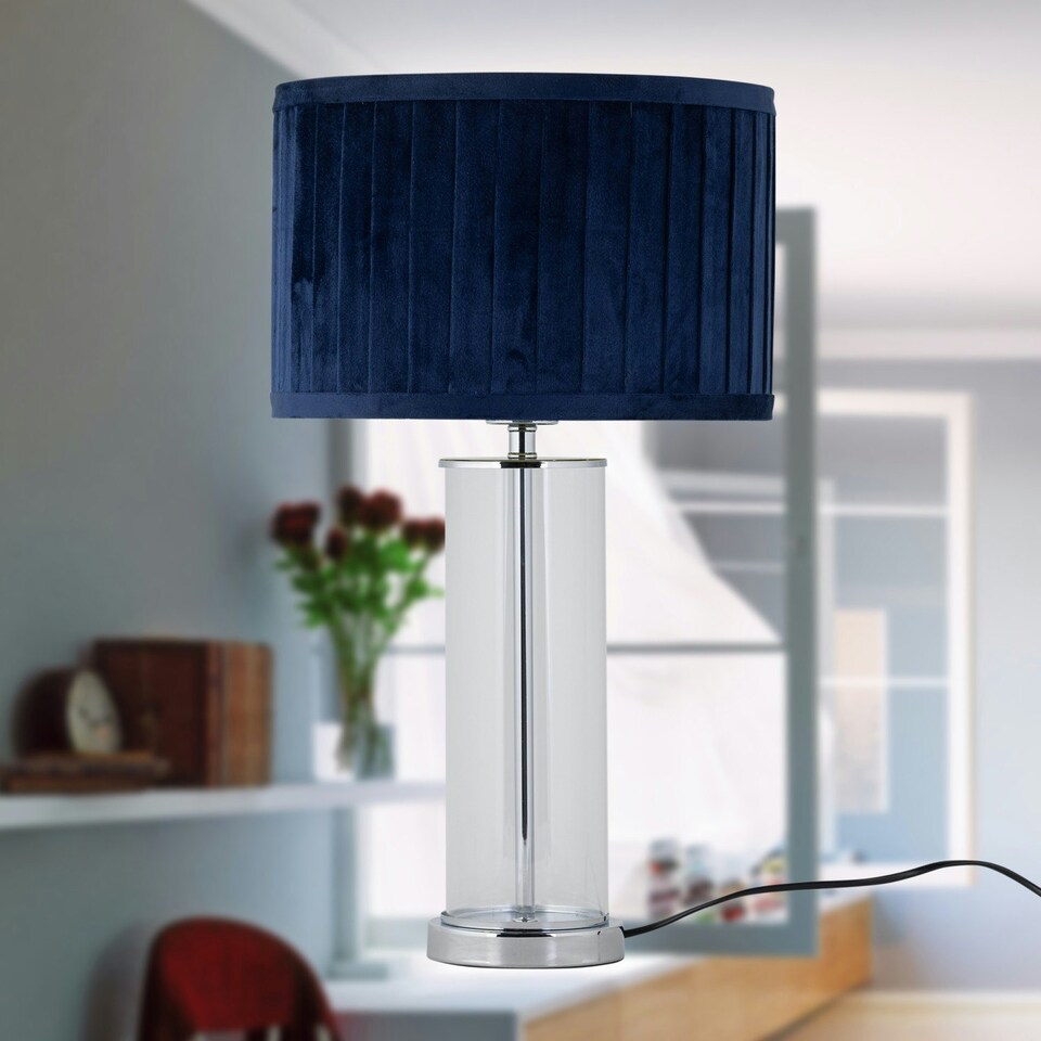 image 1 of Aura - Chrome Table Lamp with Navy Blue Pleated Velvet Shade Chrome | Blue