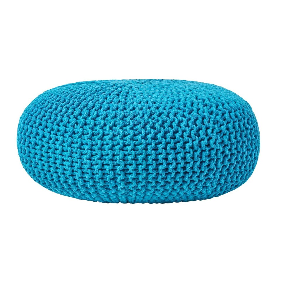 image 1 of Homescapes Teal Blue Large Round Cotton Knitted Pouffe Footstool