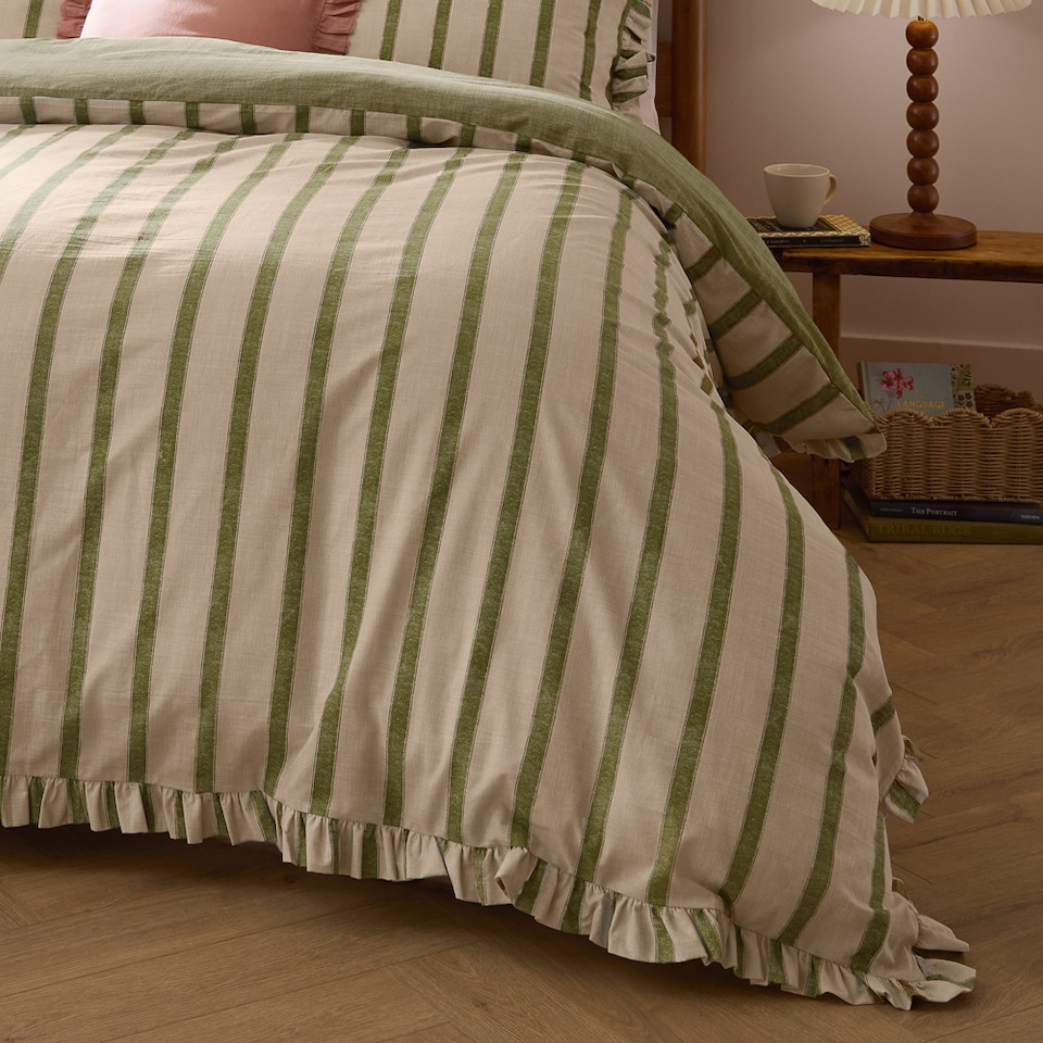 image 1 of Wylder Connie Striped Ruffle Duvet Cover Set | Green | Olive | Super King | 1