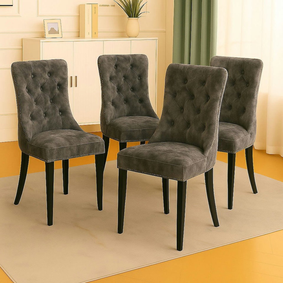 image 1 of Dark Grey Set of Four Studded Velvet Dining Chair with Ring Knocker Detail Grey | Dark Grey