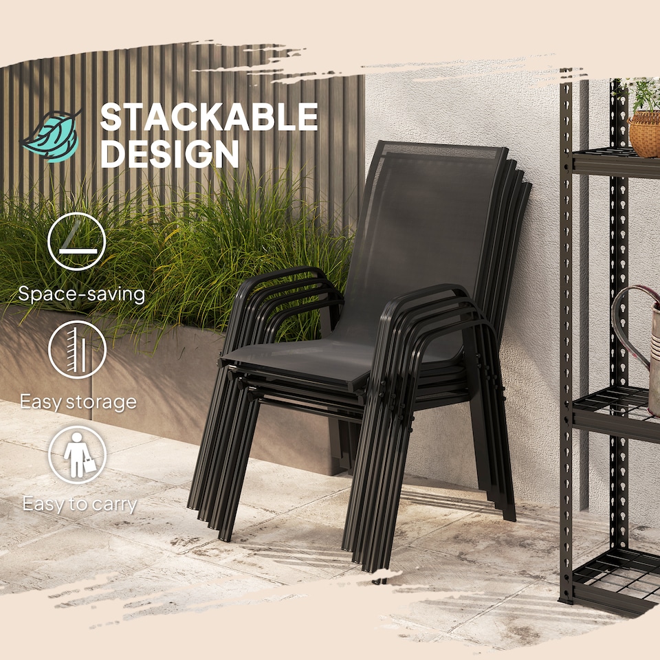 image 1 of Outsunny 4 Pieces Garden Chairs, Stackable Outdoor Chairs with High Backrest and Armrest, Breathable Mesh Fabric Dining Chair Set of 4, Black