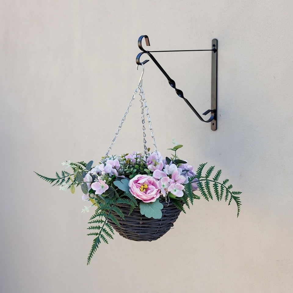 image 1 of Artificial Peonies and Hydrangeas Hanging Floral Arrangement in Wicker Basket 32cm | Brown | Brown | 1