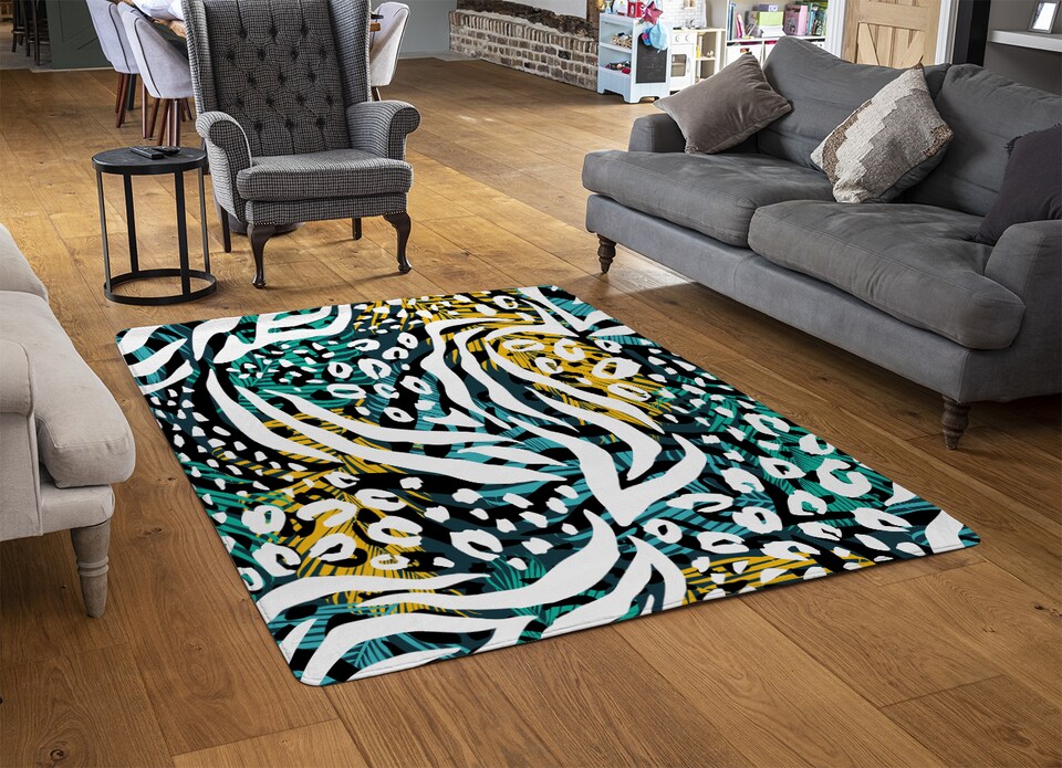 image 1 of Tropical Leaves & Animal Print Rug | Multi