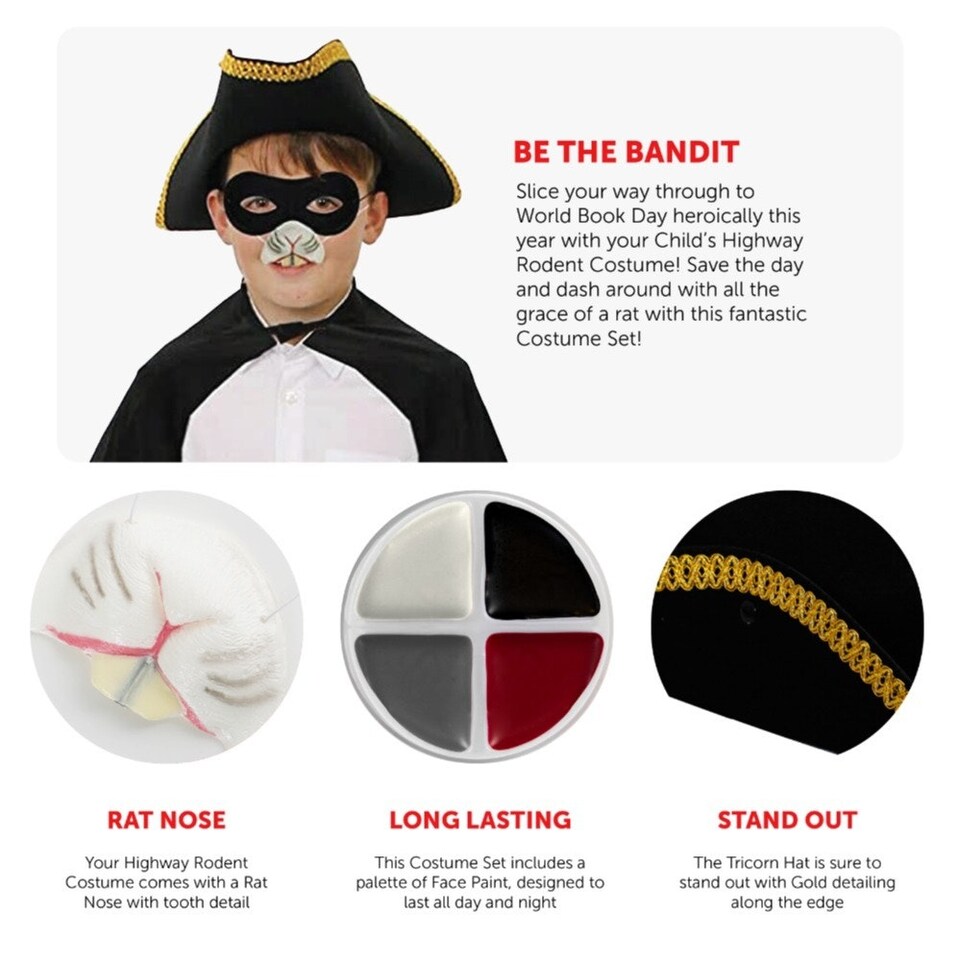image 1 of Highway Rodent Costume - Hat, Cape, Nose, Mask, Sword & Face Paint Black | One Size