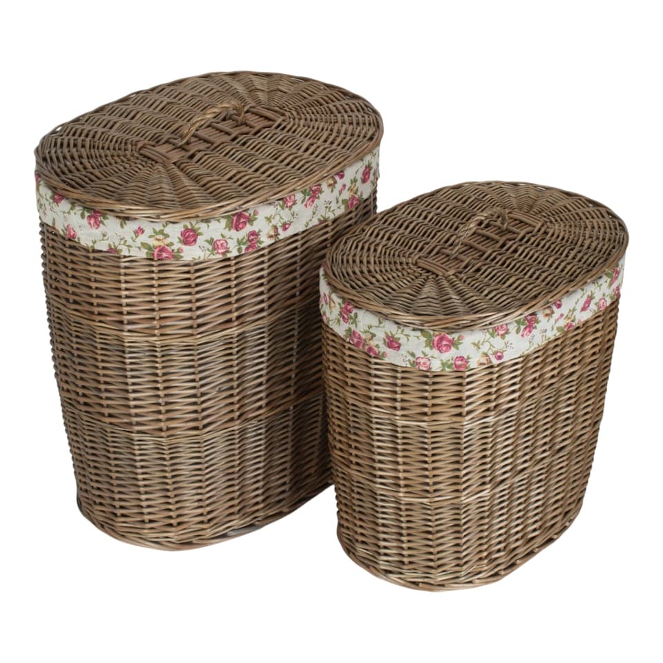 image 1 of Set of 2 Antique Wash Garden Rose Cotton Lined Oval Laundry Basket