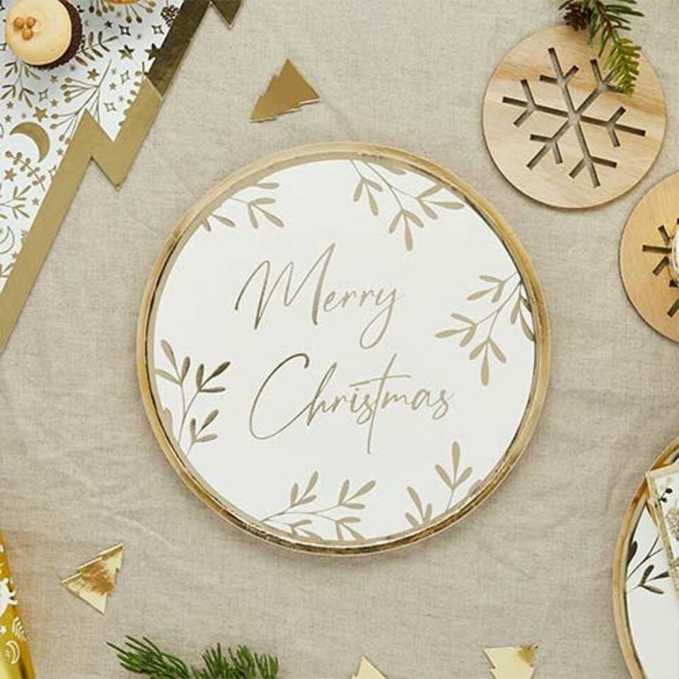 image 1 of Gold Foil Merry Christmas Foliage Round Paper Plates 23cm - Pack of 8