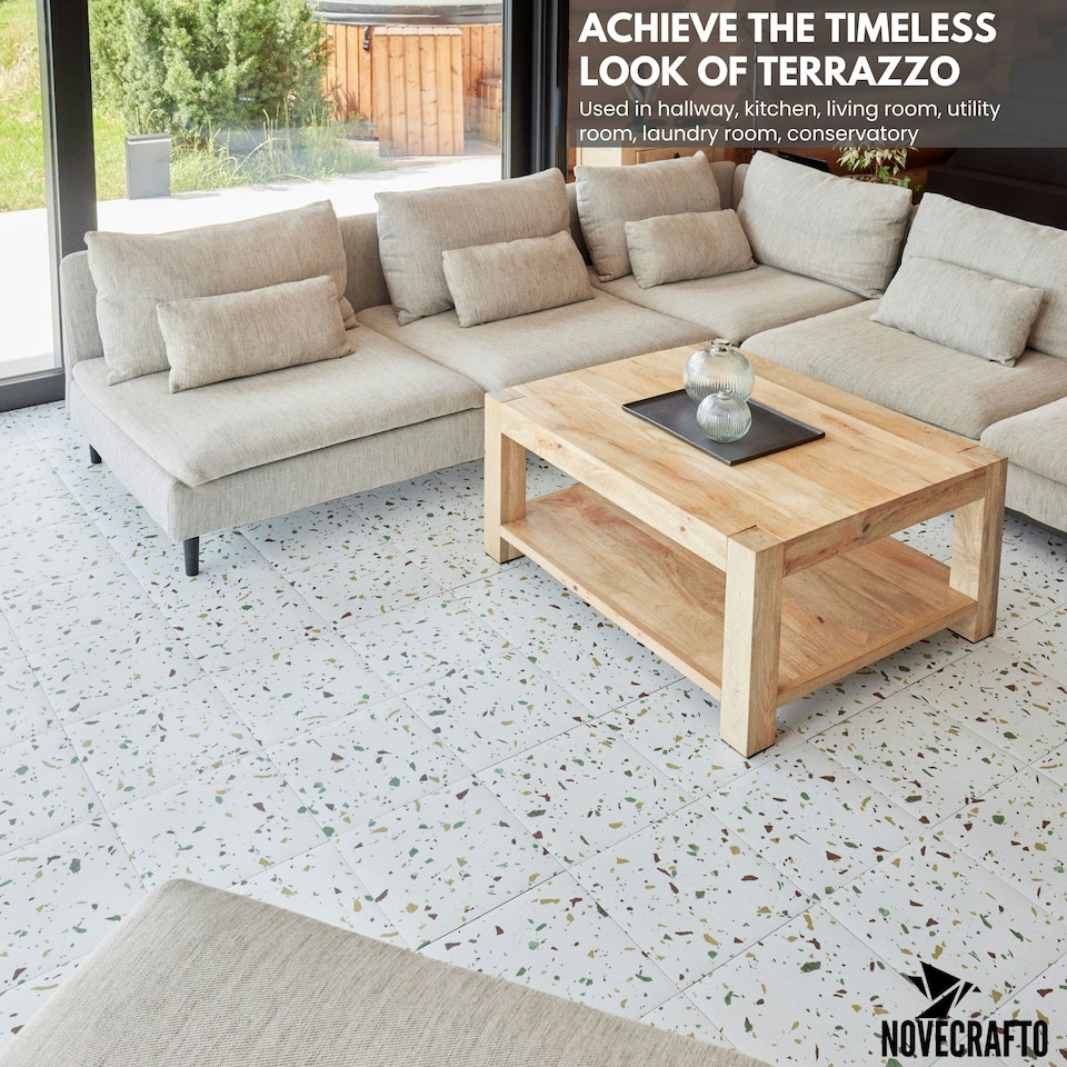 image 1 of NOVECRAFTO Vinyl Floor Tiles Self Adhesive – 12x12in Peel and Stick Flooring for Kitchen, Bathroom & Living Room – White Terrazzo Look with Flecks White | 4.65 sqm