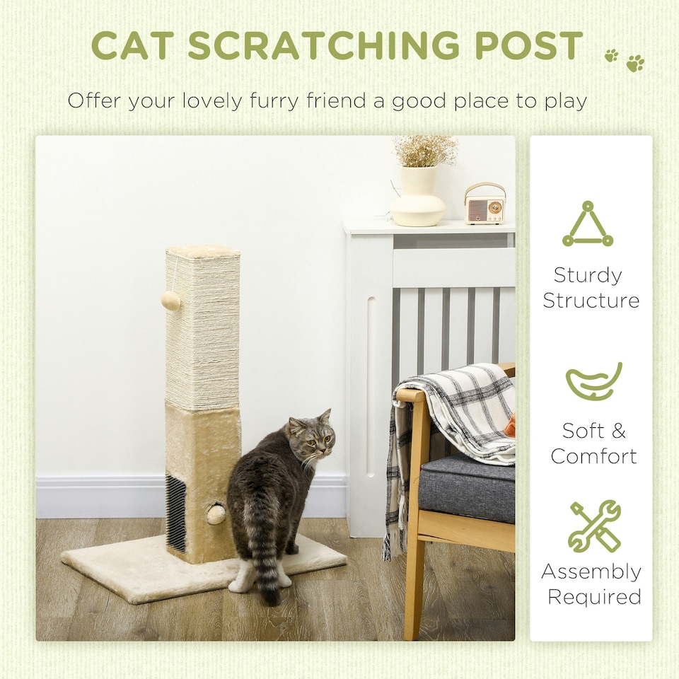 image 1 of PawHut 79cm Jute Scratcher Climber with Toy, Self Grooming Brush, Beige