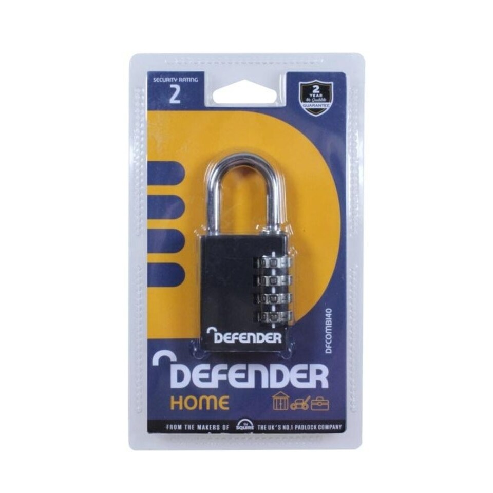 Defender Die Cast Combination Padlock - Black - 40mm