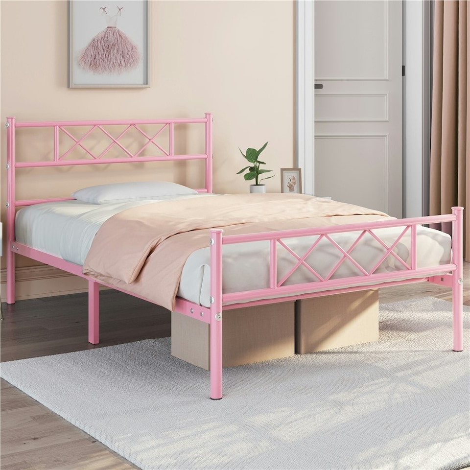 image 1 of Yaheetech 3ft Single Simple Metal Bed Frame Mattress Foundation Pink