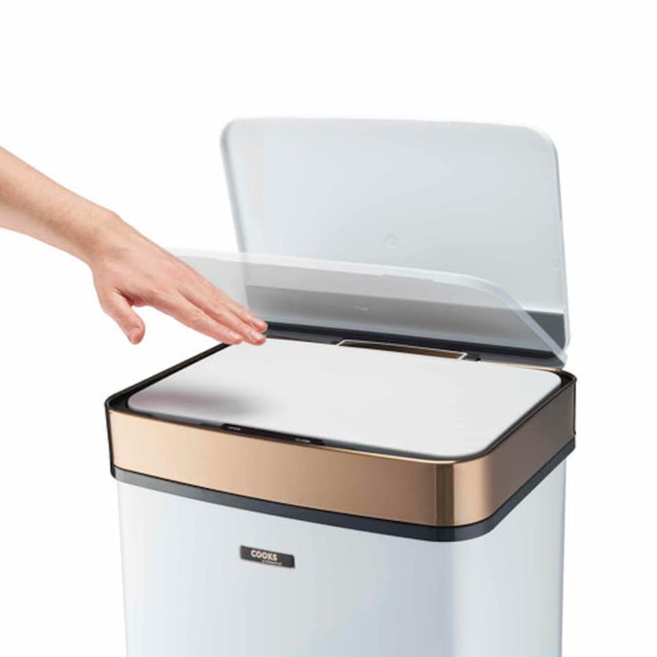 image 1 of Cooks Professional Recycling Sensor Bin 75L with Dual Compartments & Food Caddy | White | White & Copper