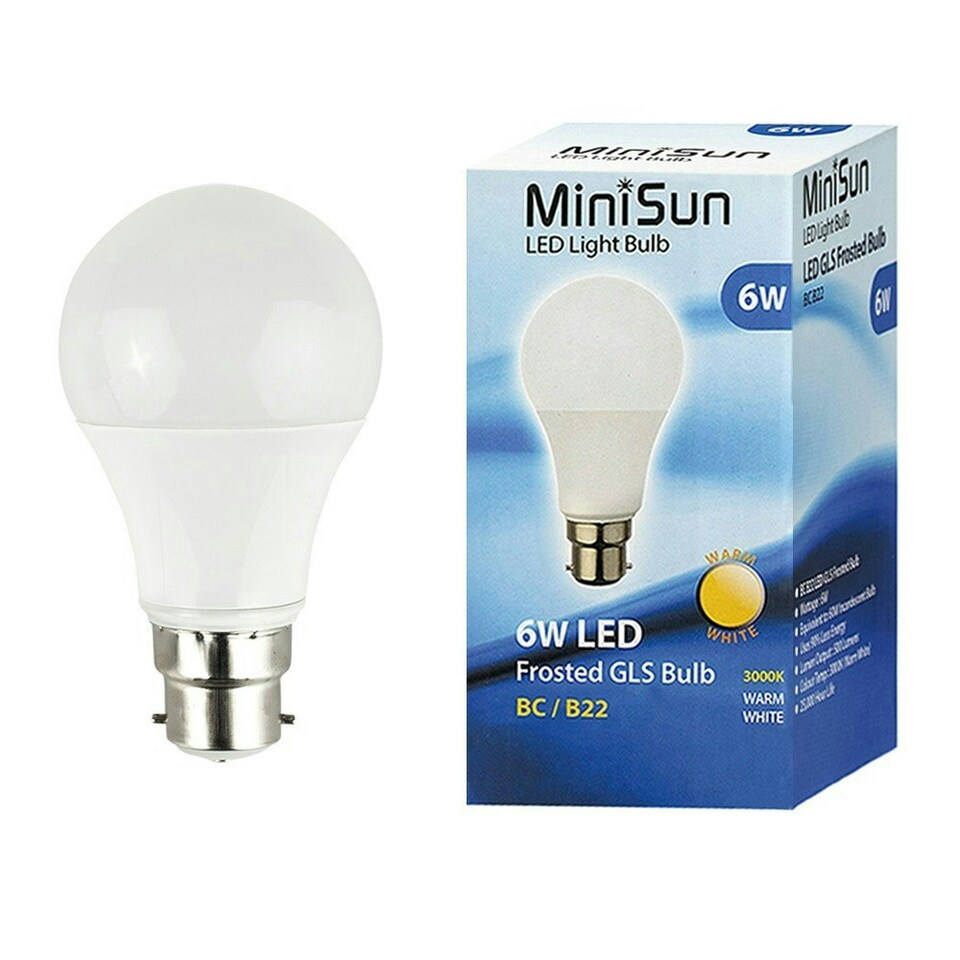 image 1 of ValueLights 8 Pack B22 White Plastic GLS LED 6W Warm White 3000K 500lm Light Bulb
