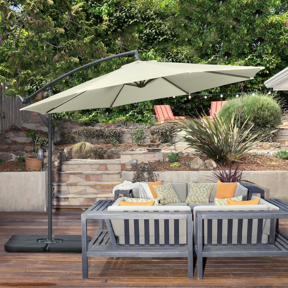 image 1 of Outsunny 3(m) Banana Parasol Cantilever Umbrella with Base Weight, Beige