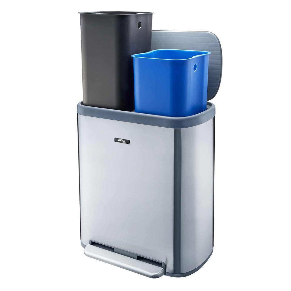image 1 of Cooks Professional Recycle Bin 60L with Single Pedal, Dual Compartments & Soft Close Lid | Silver