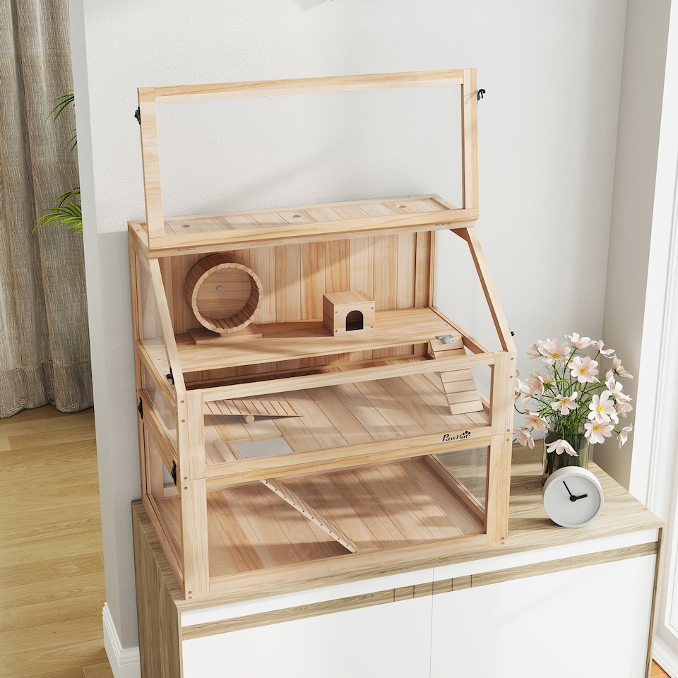 image 1 of PawHut Wooden Hamster Cage, 3 Tier Gerbil Cage with Detachable 31cm Deep Bottom, Hut, Seesaw, Exercise Wheel, Ramps, Natural Wood Finish