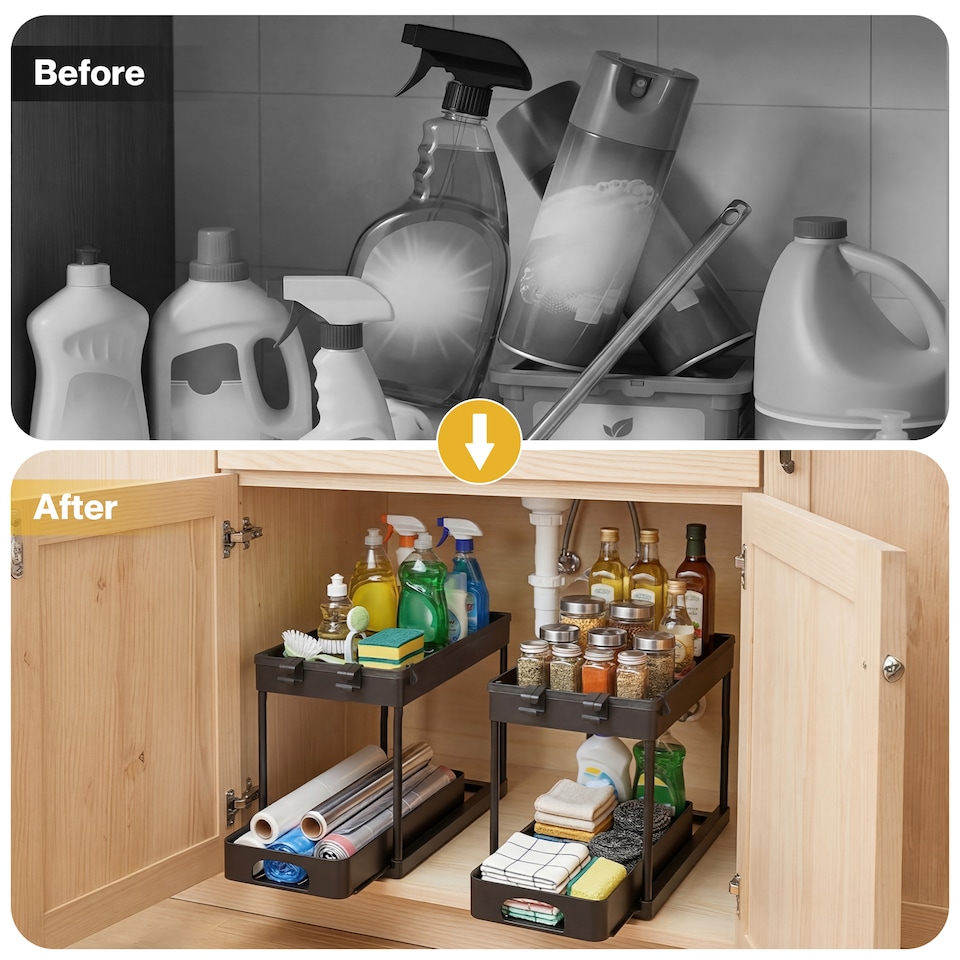 image 1 of Toque Under Sink Storage Kitchen Sliding Drawer Pull Out Organiser 2 Pack Black