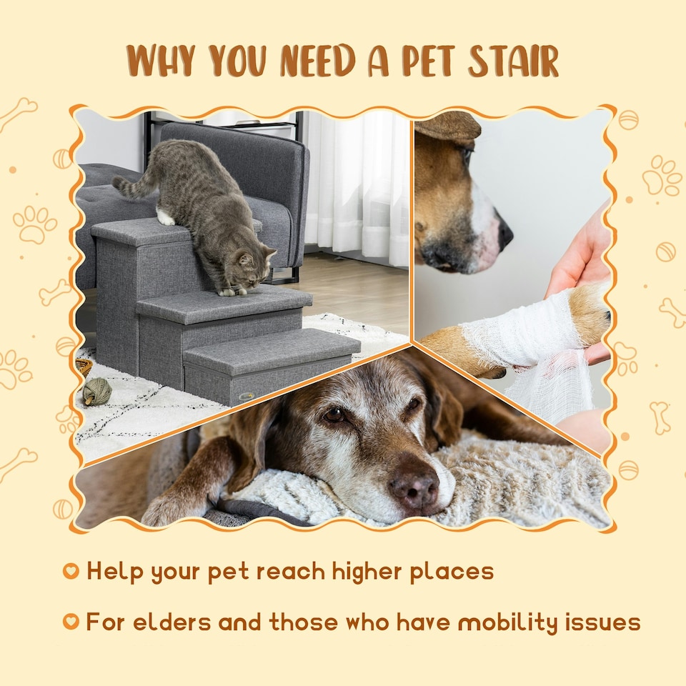 image 1 of PawHut 3 Step Dog Steps with Storage Boxes, Cat Stairs for Bed Sofa, Light Grey