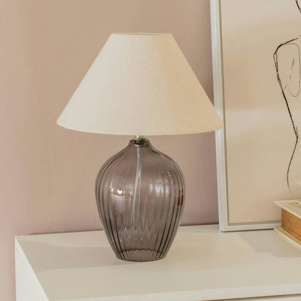 image 1 of ValueLights Olivet Grey Glass Table Lamp with Natural Tapered Shade