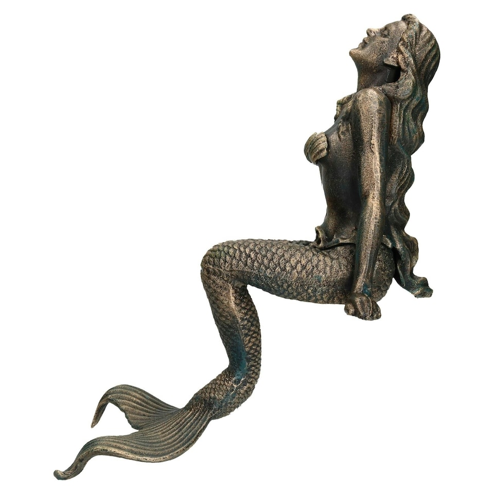 image 1 of 16" Mermaid Cast Iron Statue Figure Ornament Garden Water Pond Shelf Sitting