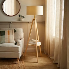 ValueLights Morrigan Natural Shade Wood Tripod Floor Lamp Cream