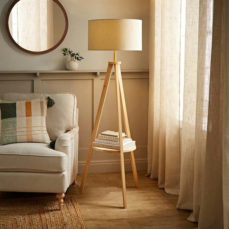 image 1 of ValueLights Morrigan Natural Shade Wood Tripod Floor Lamp Cream