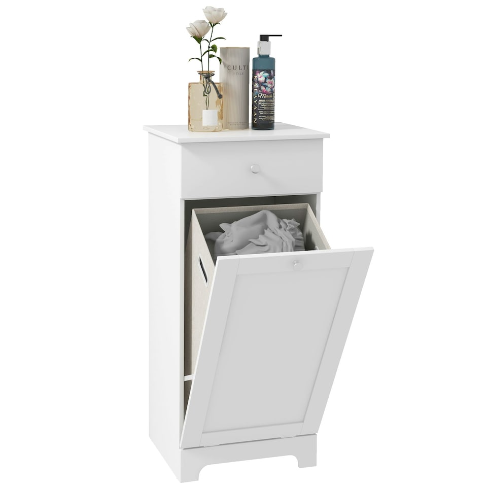 image 1 of HOMCOM Bathroom Cabinet with Folding Laundry Hamper and Drawer