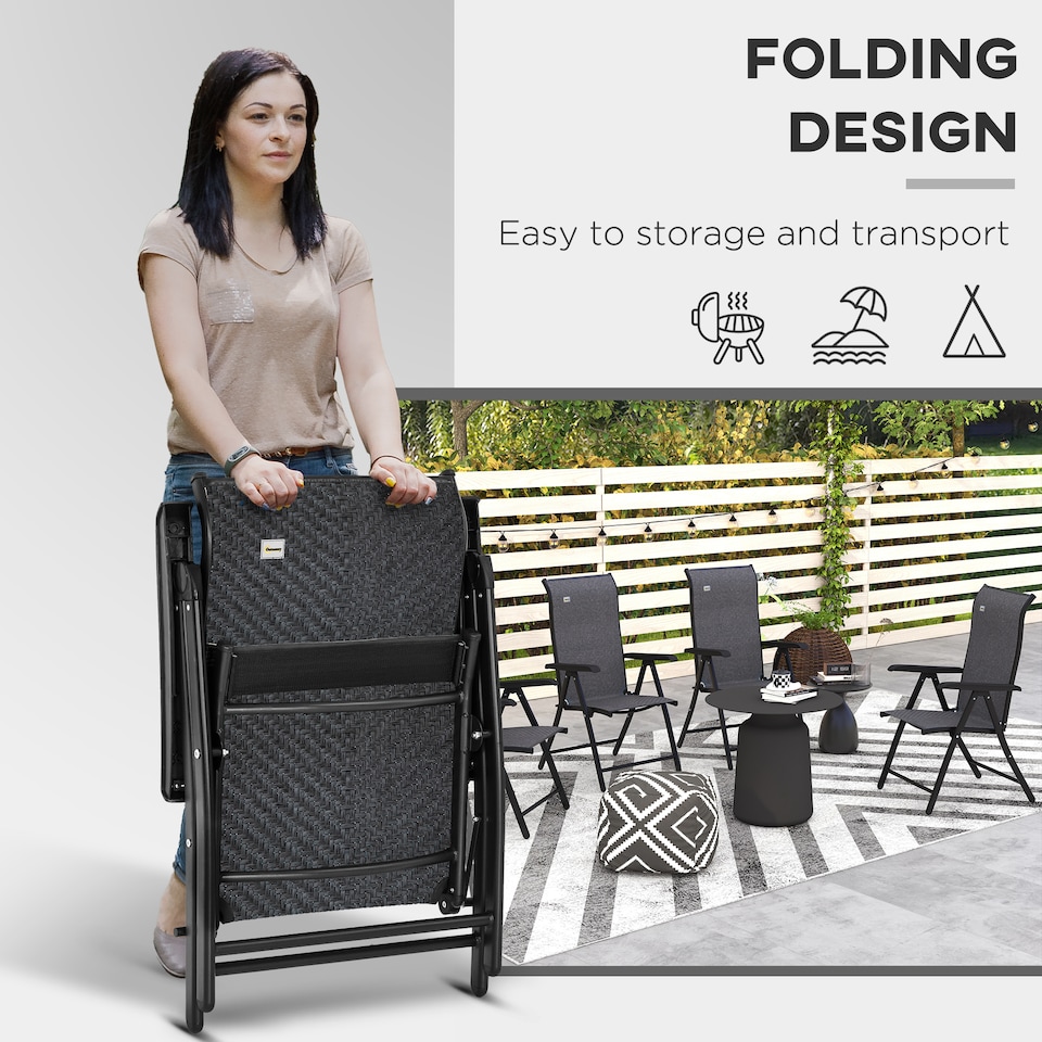 image 1 of Outsunny Set of 4 Outdoor Wicker Folding Chairs, Patio PE Rattan Dining Armrests Chair set with 7 Levels Adjustable Backrest, for Outdoors, Camping, Grey