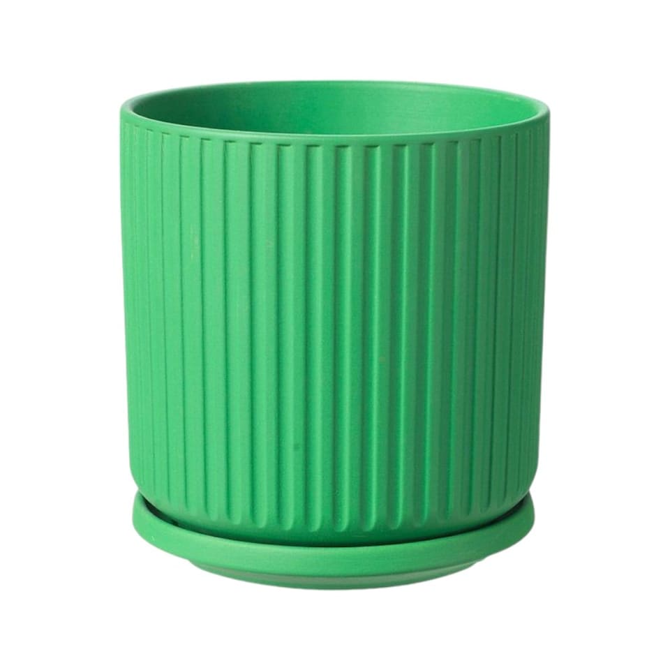 image 1 of Ceramic Ribbed Indoor Plant Pot and Saucer Green - H17.5cm