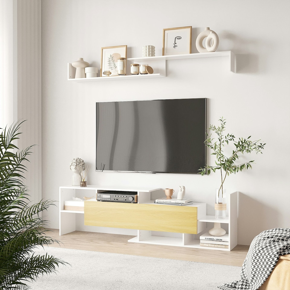 image 1 of HOMCOM TV Cabinet Unit w/ Wall-Mounted Shelf, Open Shelves White and Natural | White