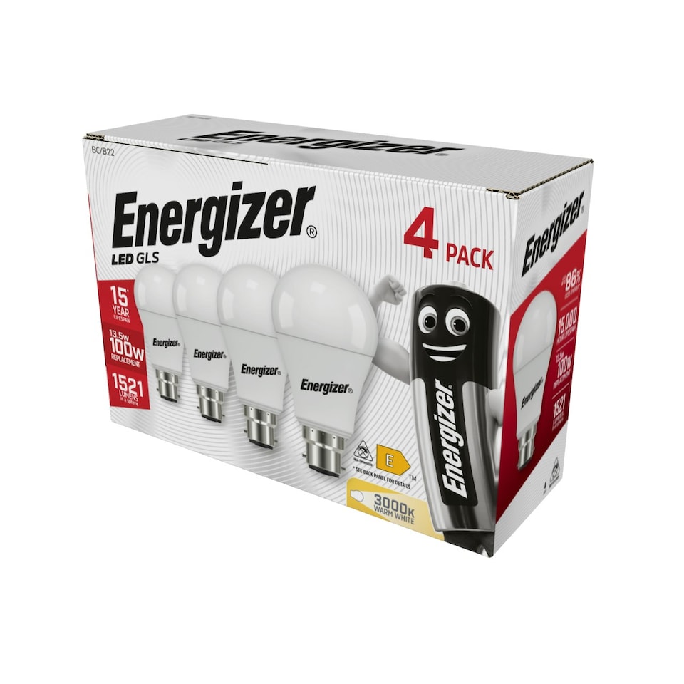 image 1 of Energizer LED GLS B22 1521lm 13.5W 3000K (Warm white) - Pack of 4 | White | 20