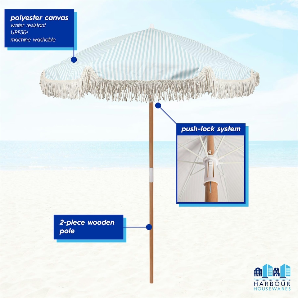 image 1 of Harbour Housewares Wooden Garden Parasol with Tassel Fringe - 1.4M - Pastel Pink Stripe Pink