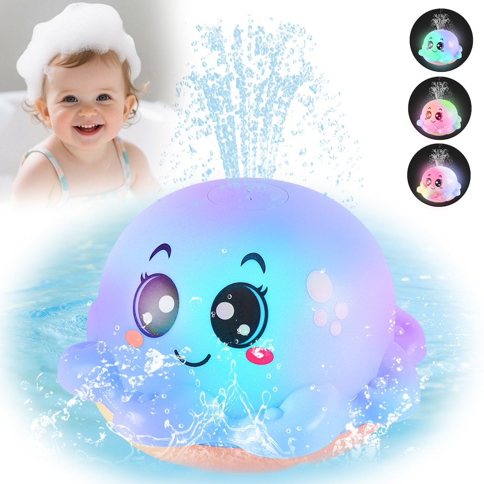 image 1 of Octopus Bath Time Toy for Babies Toddler Light Up Floating Fountain with Spraying Water Multicolour LED Lights (Blue)