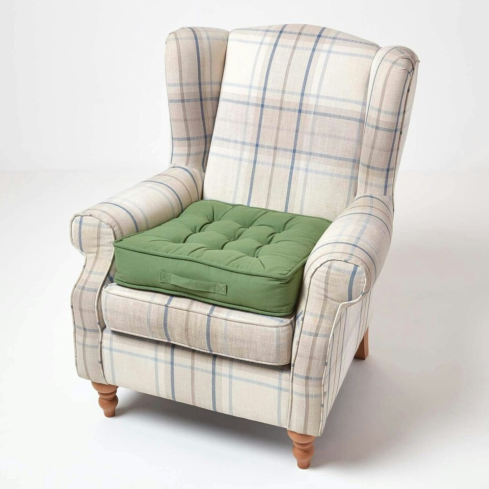 image 1 of Homescapes Forest Green Cotton Armchair Booster Cushion | Green